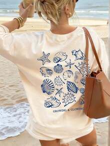 Nueva Camiseta de Verano para Mujer, Estampado Simple de Cangrejo, Concha, Estrella de Mar, Camarón y Delfín, Cuello Redondo, Manga Corta, Color Beige, Moderna y Versátil, Adecuada para Uso Casual Diario y Vacaciones de Primavera. - Multicolor - Ver 7