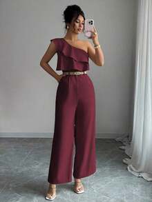 Mono de mujer con diseño casual apropiado para vacaciones de primavera/verano, adecuado para la oficina, el transporte, la playa y la hora del té de la tarde, con tirantes de espagueti, cintura con doble volante y silueta recta y suelta - Granada - Ver 5