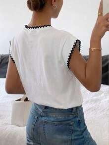 Camiseta casual de cuello redondo de manga corta de unicolor con textura de gofre, cómoda para el verano - Blanco - Ver 2