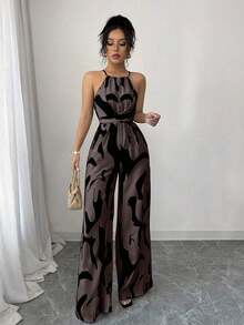 Women's Printed Jumpsuit With A Fitted Waist, Elegant For Holidays And Everyday Wear With A Halter Neck - 巧克力棕 - 查看 5