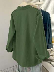 Blusa informal de unicolor de manga larga para mujer - Verde Oliva - Ver 2