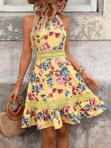 Vestido de verano con estampado floral y encaje de contraste para mujer - Amarillo - Ver 4