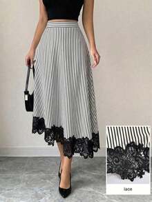 Falda elegante de mujer con volantes y bajo asimétrico, de rayas en blanco y negro, falda a línea de mujer casual a rayas, falda midi a rayas con adorno de encaje - Blanco y Negro - Ver 1