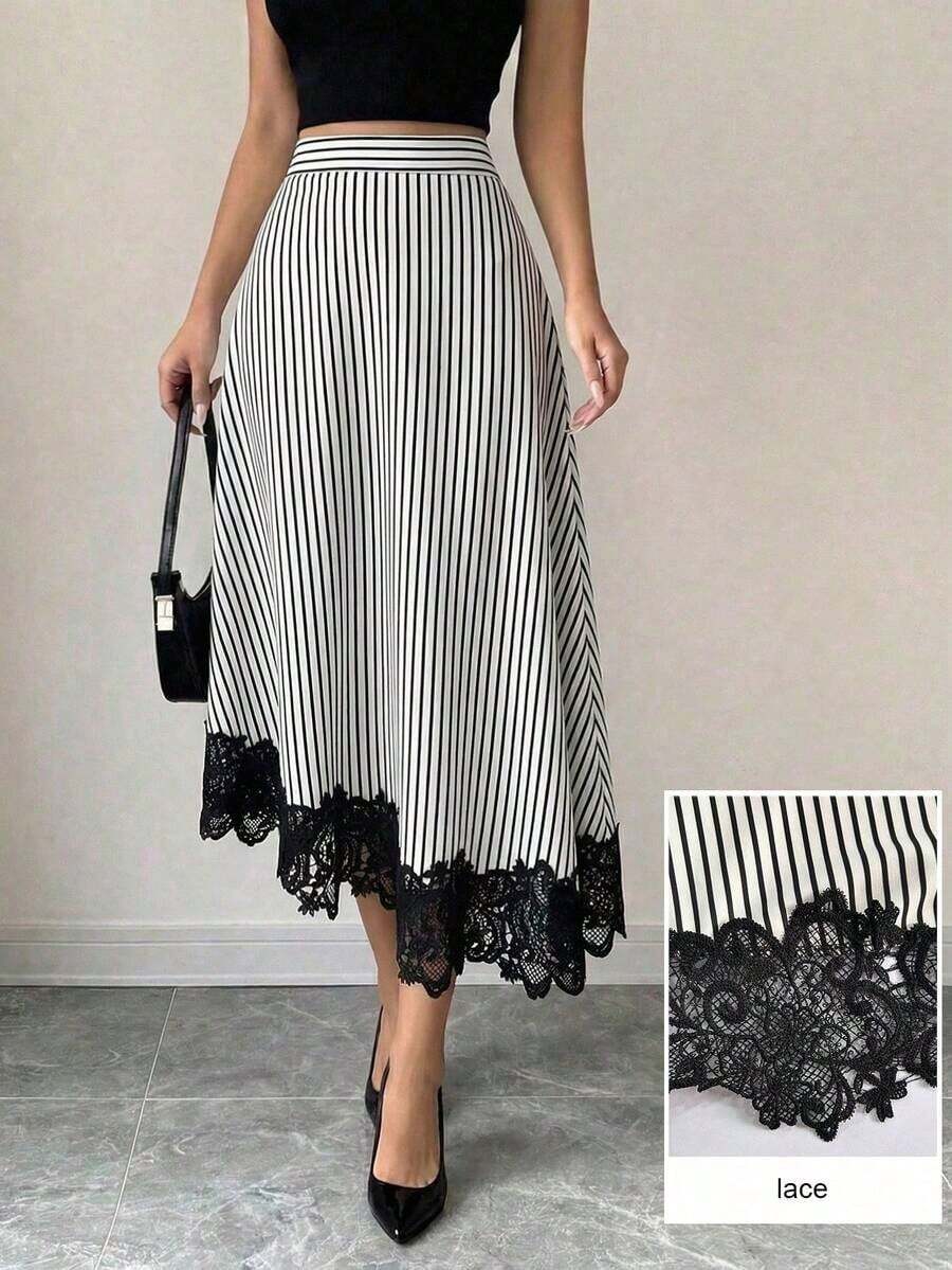 Falda elegante de mujer con volantes y bajo asimétrico, de rayas en blanco y negro, falda a línea de mujer casual a rayas, falda midi a rayas con adorno de encaje - Blanco y Negro - Ver 1