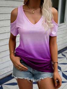 Camiseta de manga corta casual con cuello de corazón y hombros descubiertos, con estampado total de encaje floral 3D, adecuada para primavera/verano, viajes y salidas - Multicolor - Ver 4