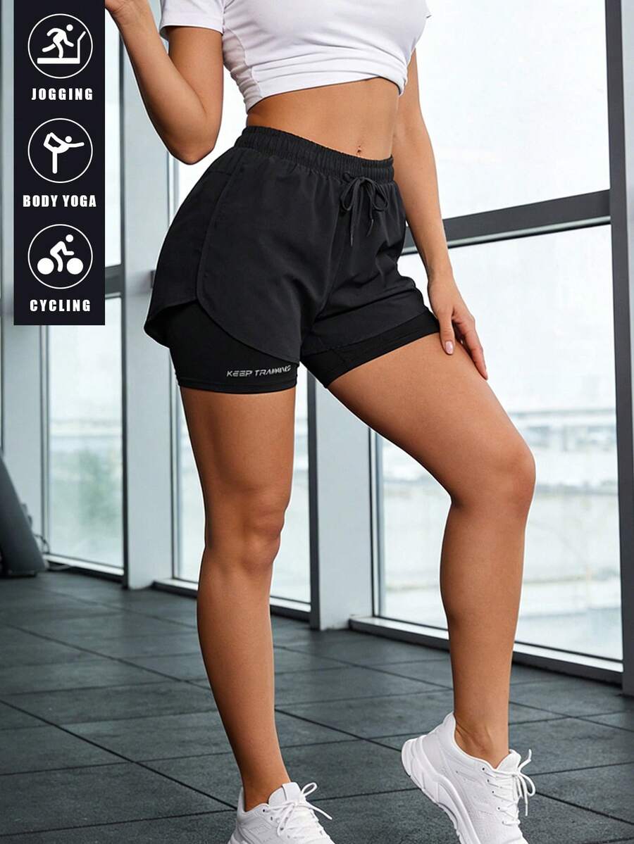 Quần short thể thao nữ, quần short yoga 2 trong 1 dành cho nữ với quần lót tích hợp, túi khóa kéo ẩn, in chữ phản quang, vải co giãn, dây rút eo, quần tập thể dục co giãn xẻ tà, phù hợp cho tập gym, yoga, chạy bộ, hoàn hảo cho lối sống năng động. - màu đen - Xem 1