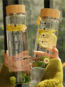 1 Stück Ins-Stil abgestufter Glasbecher, tragbarer Becher aus hochwertigem Borosilikatglas mit Holzmaserungs-Deckel, transparenter minimalistischer Wasserbecher für Frauen, Büroangestellte, Büronutzung - Verschiedenfarbig - Übersicht 6
