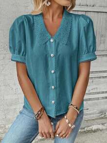 Camisa casual de mujer de manga corta con encaje de contraste - Azul - Ver 6
