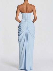 Vestido bandeau romántico francés con pliegues asimétricos y abierto alto - Azul - Ver 4