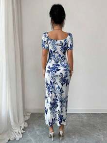 Vestido floral de cuello cuadrado, mangas de pétalo, cintura ceñida y ajustado para mujer, primavera/verano - Azul y blanco - Ver 2