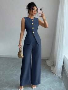 Traje casual/de trabajo elegante de mujer con decoración de botones florales - Azul - Ver 6