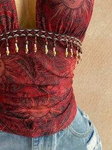 Top sin espalda con cuello halter y textura vintage para mujer, verano - Rojo - Ver 4