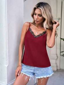 Camiseta de mujer de unicolor con encaje de contraste, suelta.Outfit casual de mujer, ideas de outfit, de outfit, outfits de verano de mujer, blusas de mujer para el verano, top de verano de mujer, top marrón de tirantes - Burdeos - Ver 5