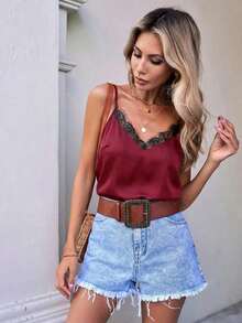 Camiseta de mujer de unicolor con encaje de contraste, suelta.Outfit casual de mujer, ideas de outfit, de outfit, outfits de verano de mujer, blusas de mujer para el verano, top de verano de mujer, top marrón de tirantes - Burdeos - Ver 8