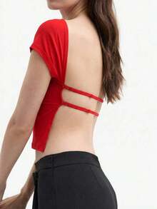 Camiseta corta negra de punto ajustada y sin espalda para verano - Rojo - Ver 5