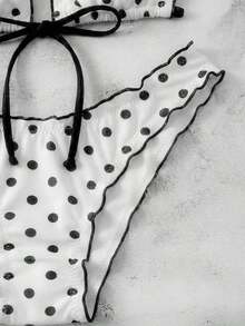 Conjunto de bikini de dos piezas con estampado de lunares, camiseta con lazo sexy y traje de baño para vacaciones en la playa para mujer - Blanco y Negro - Ver 7
