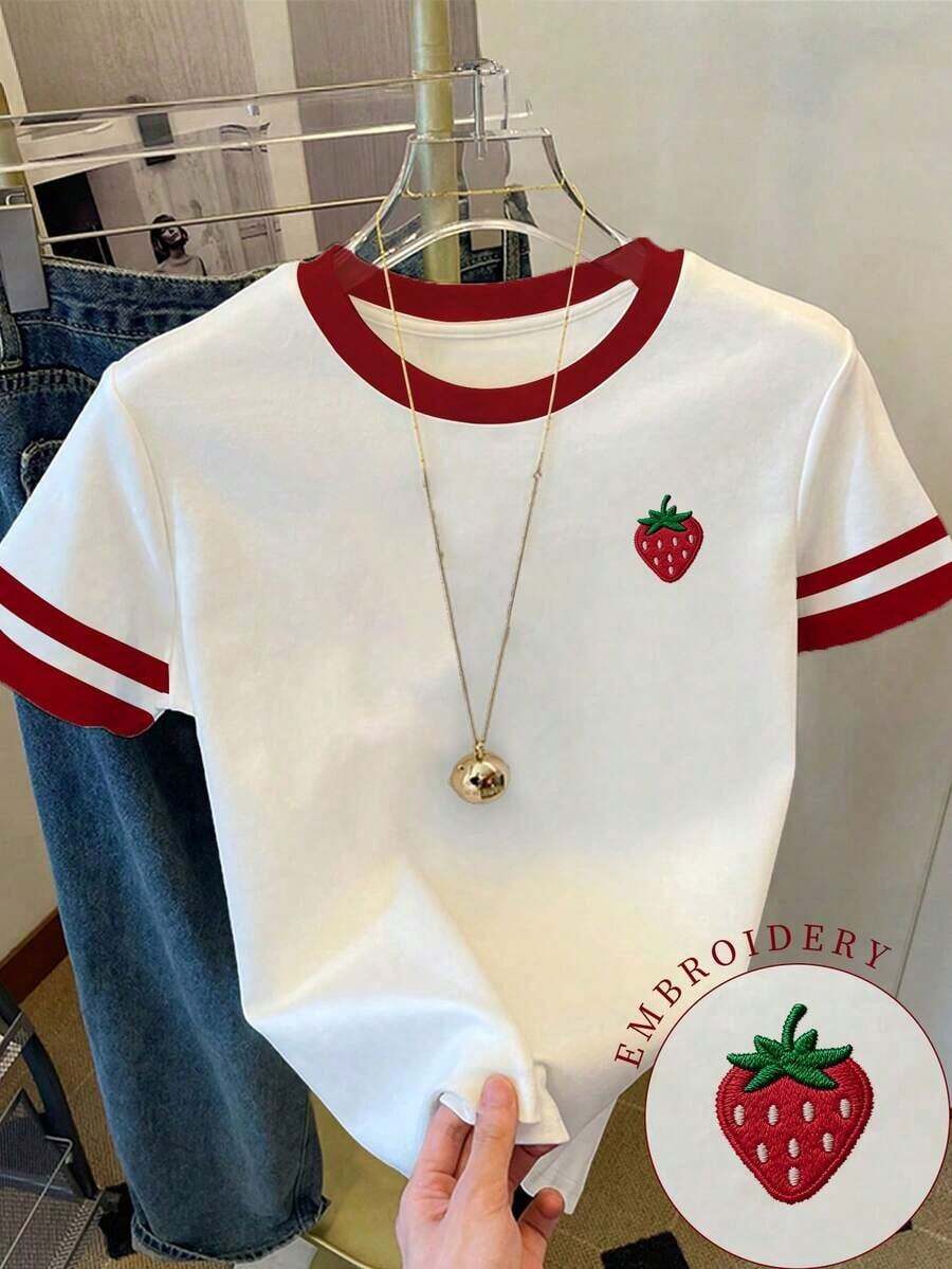 Camiseta de mujer con paneles de imitación de denim a rayas / Estampado de Dachshund / Uso diario casual / Verano - Multicolor 5 - Ver 1