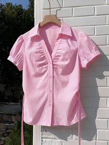 Camisa casual de mujer de manga corta abullonada, de un solo pecho, a rayas azules, ropa de verano - Rosa 2 - Ver 5