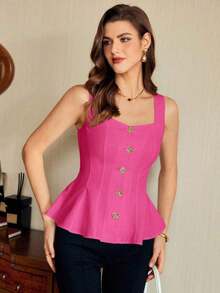 Blusa de mujer vintage, elegante y clásica, con cierre de botones metálicos con forma de flor, blusa sin mangas blanca, para primavera/verano - Rosa Fucsia - Ver 3