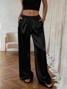 1pc Solid Color Drawstring Pocket Pants, Suitable For Home, Daily Wear, Holidays, Singles Party, Satin, All Seasons Spring Black - Black - View 5