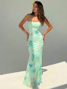 Vestido con estampado floral elegante y espalda descubierta para mujer - verde menta 2 - Ver 7