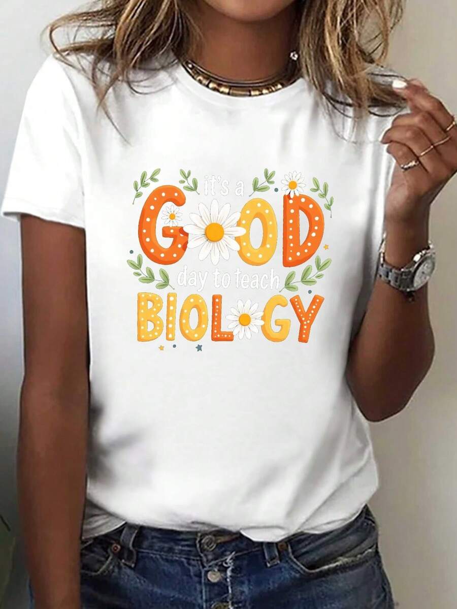 Women's Biology Teacher T-Shirt 2026 - Science-Themed Floral Print Featuring Daisies And DNA/Ribosome/Chloroplast Patterns, Short Sleeves And Crew Neck, Ideal For Science Classes, Lab Wear And Everyday Wear - Comfortable And Breathable, Suitable For All Seasons, Easy To Machine Wash, Loose Fit, Vibrant Biological Design, Printed With The Slogan "Today Is A Great Day To Teach Biology", Making It Ideal For Education Professionals. - 白色 - 查看 1
