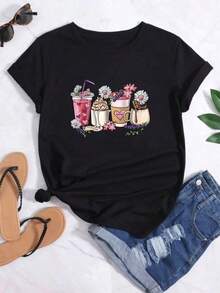 Camiseta suelta de moda para mujer estampada con una variedad de bebidas y estampados de crisantemos, adecuada para el uso diario en el hogar, los deportes y el trabajoPure-Cotton - Negro - Ver 7
