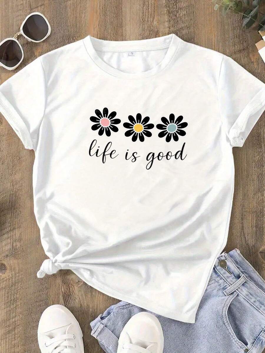 Women Pure Cotton T Shirt Fun Print Daisy Flowers Cute T Shirt Summer Clothing Y2k Fashion High Quality Summer Wear Party Outfit For Women Elegant Casual Top Trendy Graphic Tee - Blanco - Ver 1