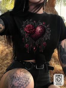 Women's Dark Gothic Romantic T-Shirt - Vintage Red Roses Dripping And Black Heart Blood Drip Design, Short Sleeve Crew Neck Red Rose Print T-Shirt, Machine Washable Gothic Victorian Style Top For Casual Wear - 黑色 - 查看 1