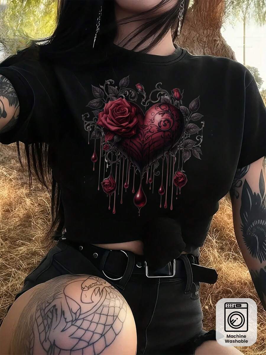 Women's Dark Gothic Romantic T-Shirt - Vintage Red Roses Dripping And Black Heart Blood Drip Design, Short Sleeve Crew Neck Red Rose Print T-Shirt, Machine Washable Gothic Victorian Style Top For Casual Wear - 黑色 - 查看 1