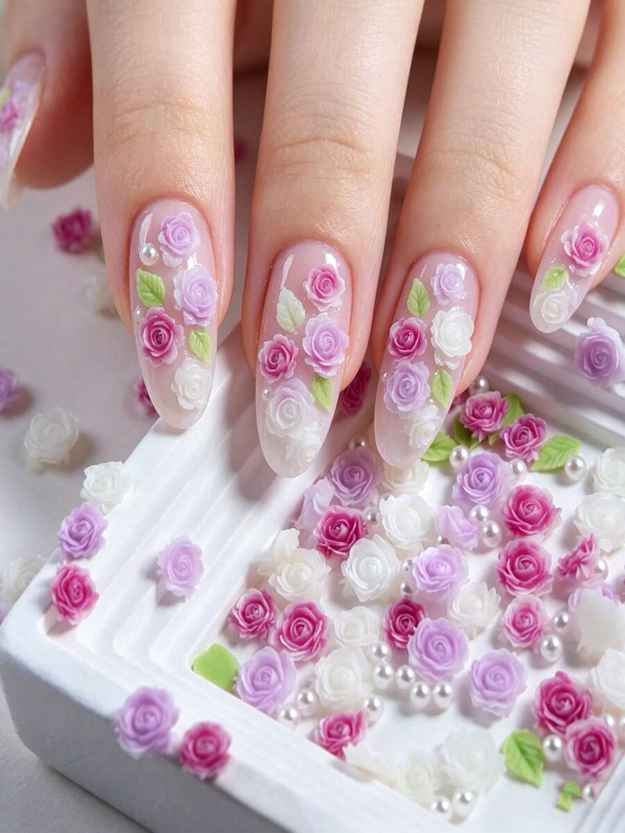 100个/包 混合3D山茶花和玫瑰美甲装饰，8毫米花朵约40朵，6毫米花朵+叶子约60朵，带珍珠，DIY美甲配件