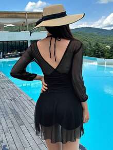 Traje de baño de una pieza de manga larga de unicolor y de moda para vacaciones de verano - Negro - Ver 2