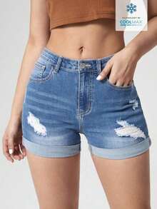 Shorts en mezclilla desgarro bajo de doblez - Azul 2 - Ver 5