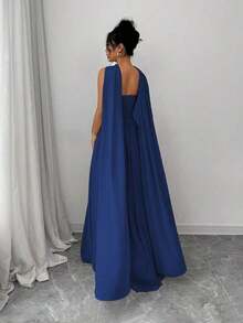 1 pieza Vestido largo de mujer de unicolor con detalle de pliegues, vestido largo elegante sin mangas para mujer - Azul marino - Ver 2