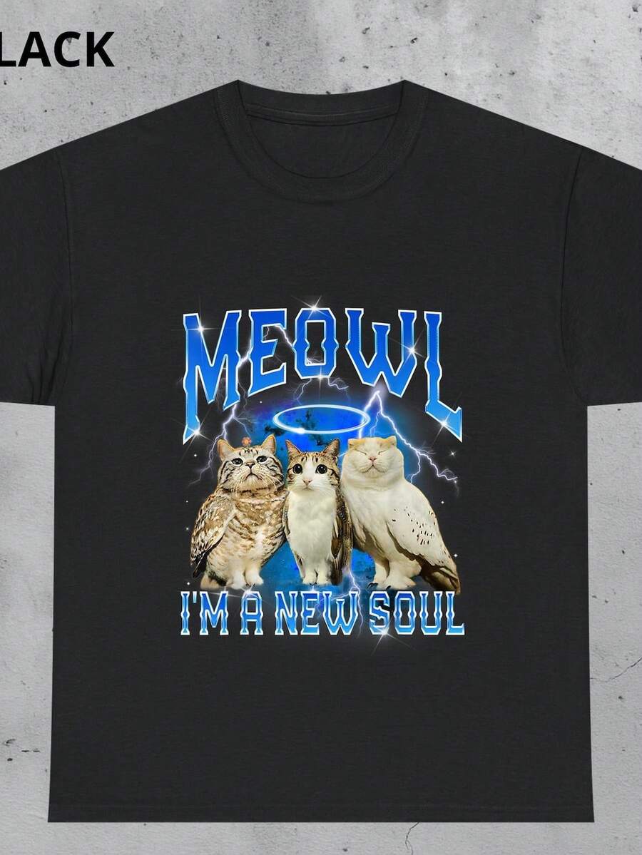 Camiseta Meowl Cat Owl, divertida camiseta con el meme "Soy un alma nueva", para amantes de los memes de gatos, camiseta divertida de Cat Owl. Camiseta unisex de 220 g, 100% algodón, peso ideal para todas las estaciones, adecuada tanto para hombres como para mujeres. Tejido de alta calidad y duradero, suave al tacto y de larga duración. Top transpirable, adecuado para el uso de mujeres en otoño, vacaciones, Día de la Madre, celebraciones del Día de la Independencia y como regalo. - Negro - Ver 1
