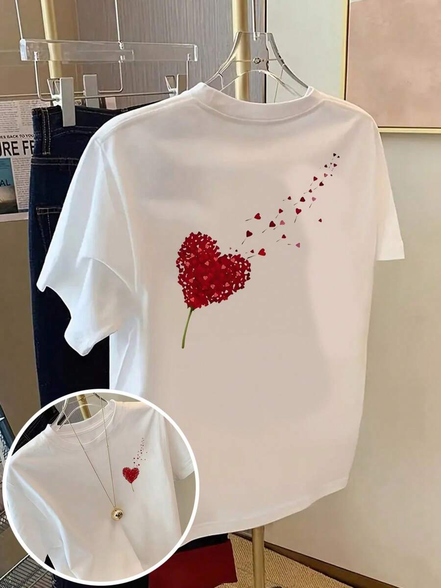 Classic T-Shirt With Print On The Front And Back, Featuring Floral Heart Motifs And Floating Heart Prints, Casual Short-Sleeved Top With Round Neck For Women, Comfortable Fit, Soft To The Touch Fabric, Classic Design, A Must-Have Fashion Item For Women, Summer T-Shirt. - 白色 - 查看 1