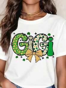Vintage Gigi T-Shirt With Shamrock And Bow Print For St. Patrick's Day Fashion - White - View 1