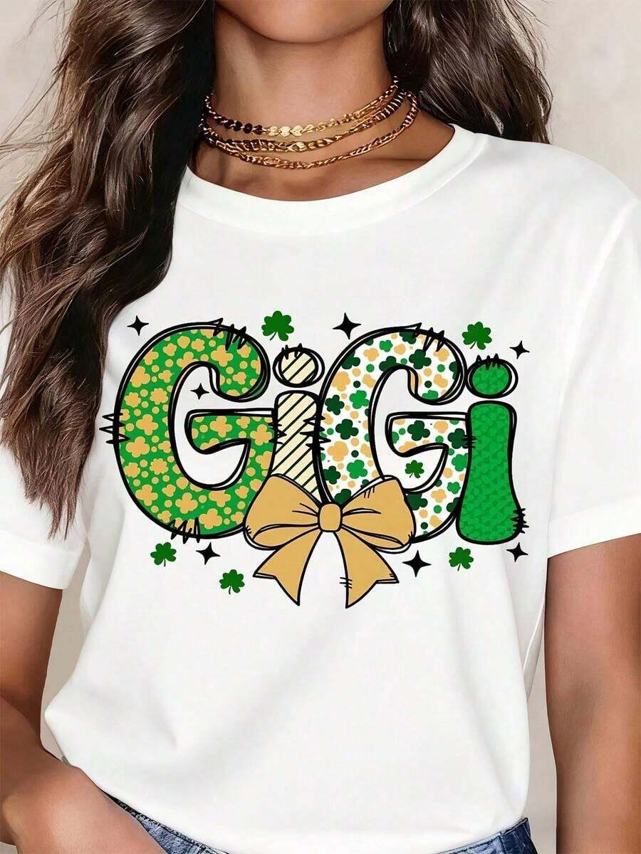 Vintage Gigi T-Shirt With Shamrock And Bow Print For St. Patrick's Day Fashion - White - View 1