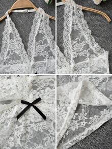 Áo hai dây ren cổ chữ V thắt nơ gợi cảm cho nữ, áo vest lưới xuyên thấu khoét rỗng nhiều lớp hở lưng, phong cách thường ngày mùa xuân/hè. - trắng - Xem 10