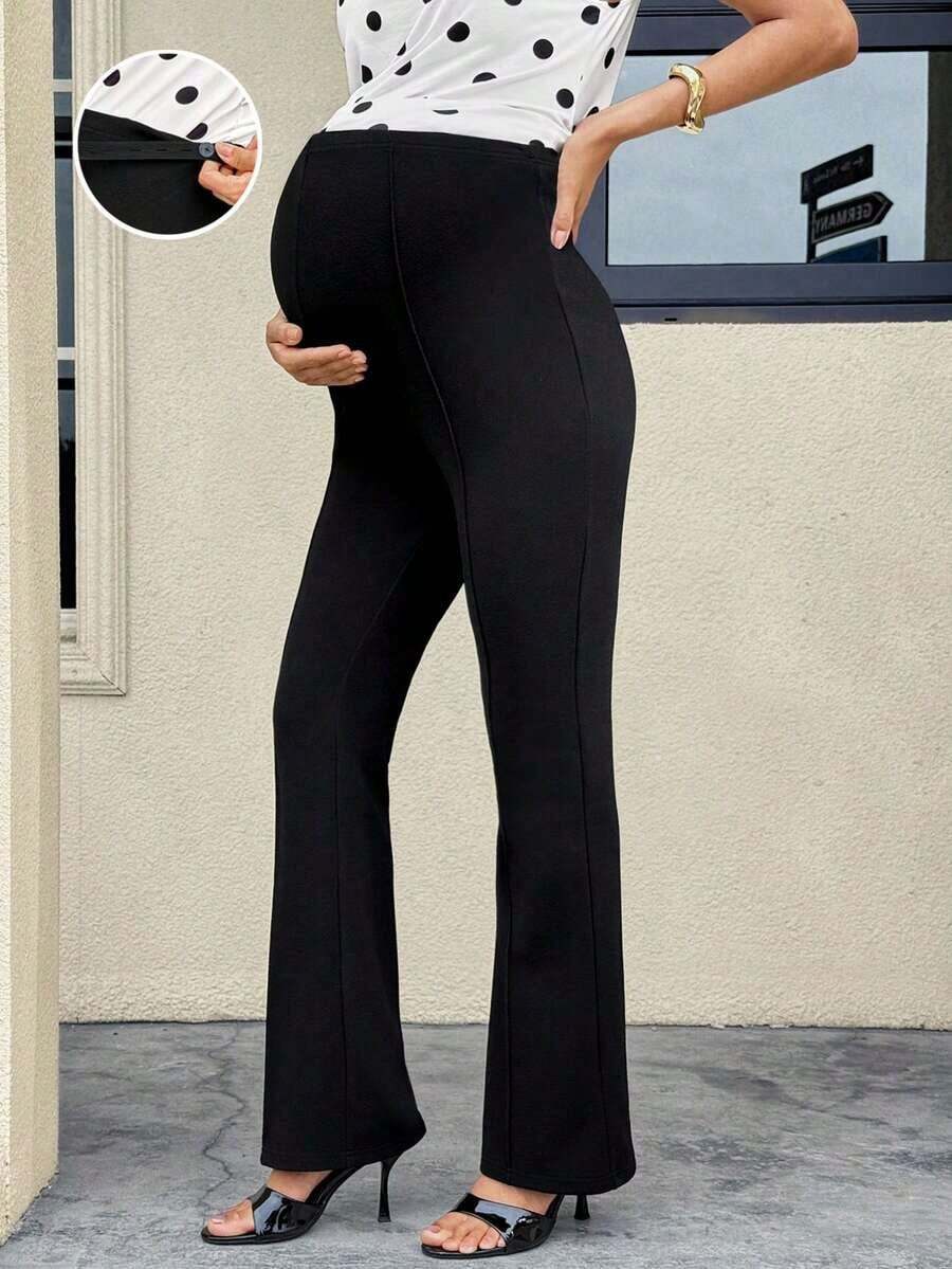 MaterniWear Pantalones elegantes de maternidad de unicolor con cintura ajustable y vuelo - Negro - Ver 1