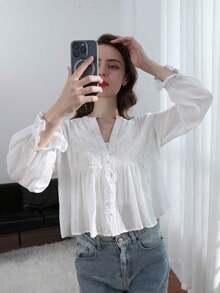 HH Blusa elegante y única de estilo francés, con bordado floral y diseño calado, camisa casual de manga larga para mujer para primavera/verano - Beis - Ver 5