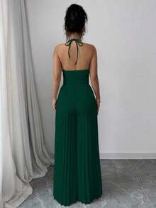 Elegante mono de mujer con cuello de halter, lazo delantero con piedras de cristal, plisado y piernas anchas en color albaricoque - Verde Oscuro - Ver 2