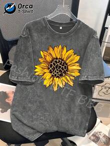 Women's T-Shirt With Leopard Print And Sunflower Design, Printed T-Shirt, High-Quality Washed Cotton Fashion T-Shirt, Unisex T-Shirt, Popular For Daily Wear, Suitable As A Gift For Family And Friends On Occasions Such As Easter, Mother's Day, Independence Day, Etc. Casual. - 灰色 - 查看 12