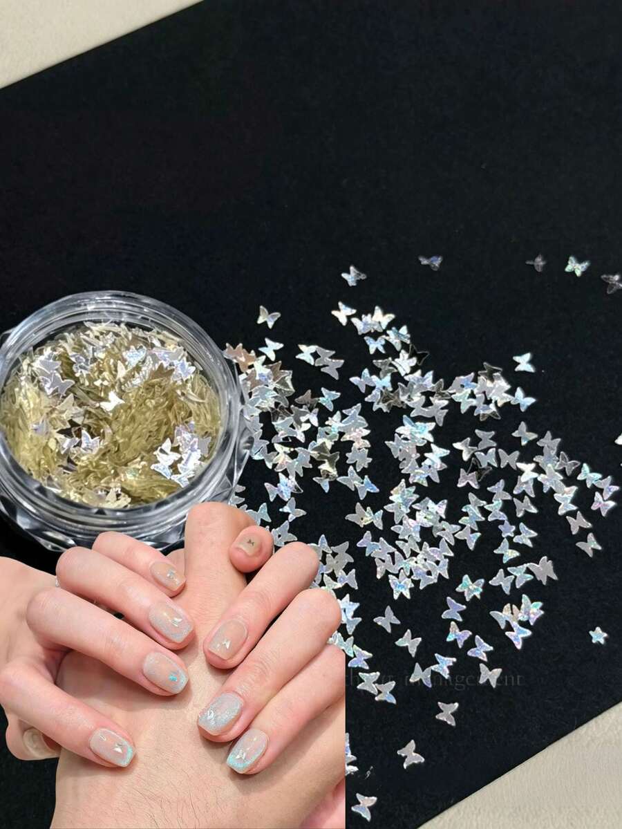 1盒銀色蝴蝶與星星造型薄片亮片，精緻美甲裝飾，適用於美甲沙龍美甲飾品 - 彩色 - 查看 1