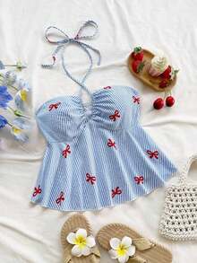 Camiseta de cuello halter casual gris azul texturizada para mujer de vacaciones - Multicolor 2 - Ver 1