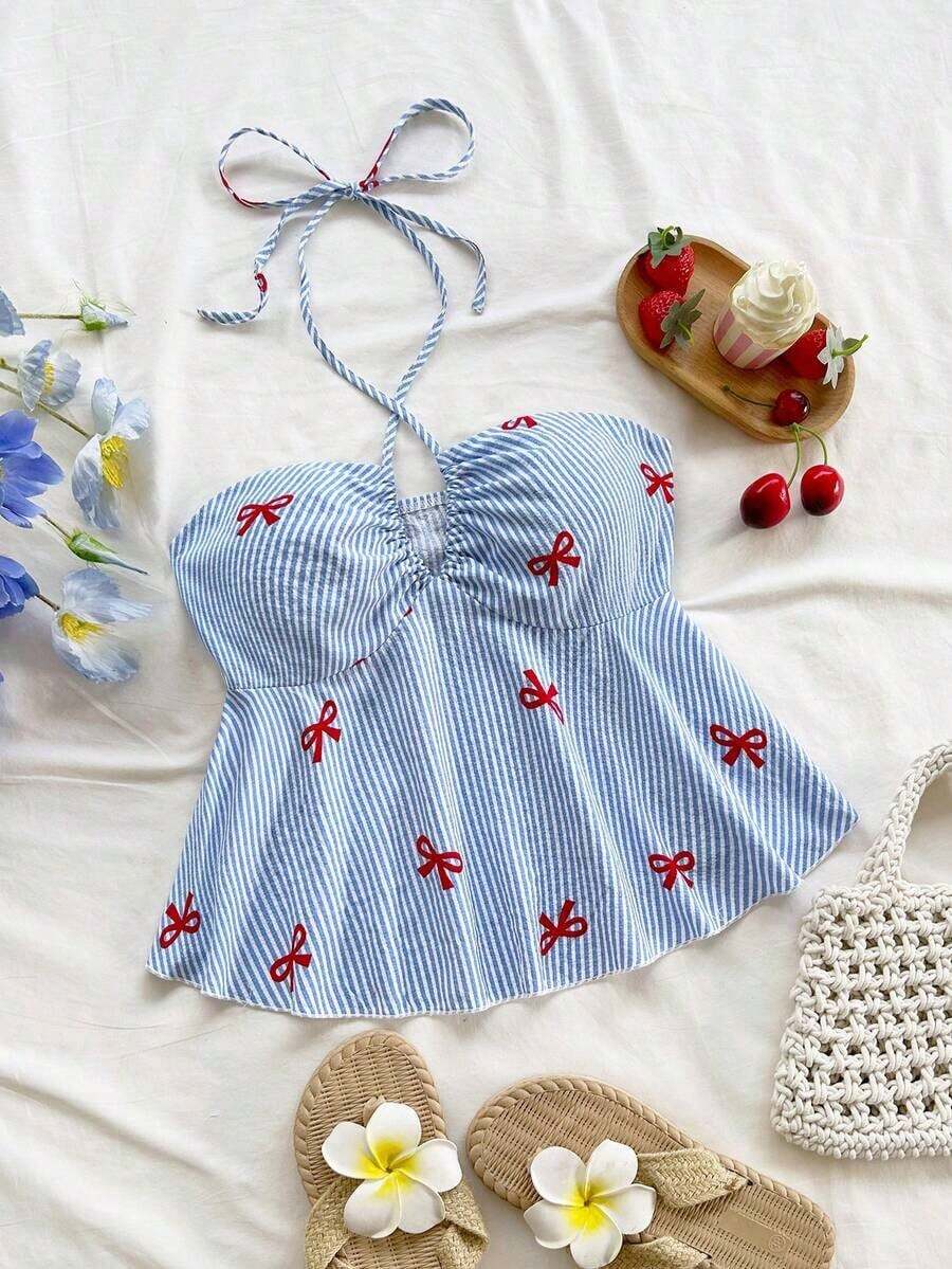 Camiseta de cuello halter casual gris azul texturizada para mujer de vacaciones - Multicolor 2 - Ver 1