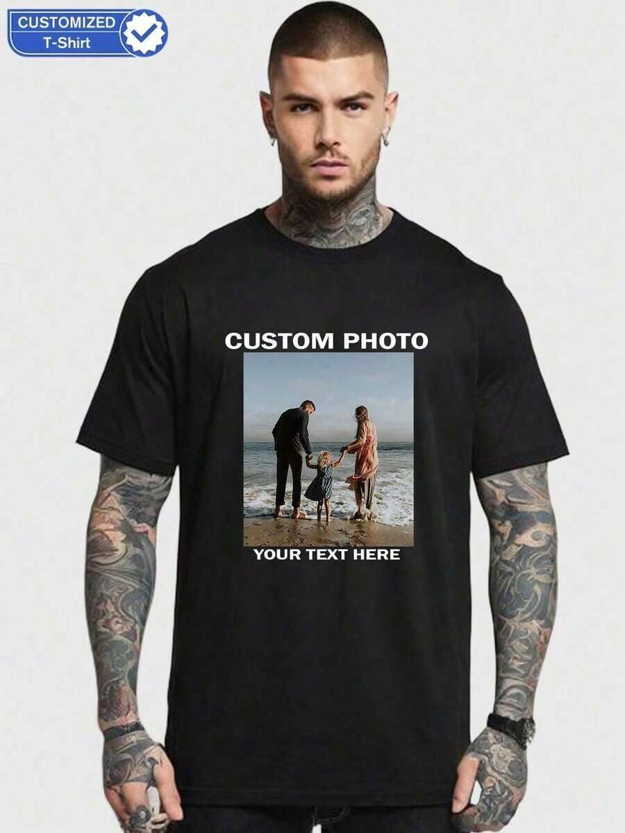 Camiseta de Cuello Redondo con Impresión de Texto/Foto Personalizada, Camiseta Personalizada para Amigos/Parejas/Familia/Mascotas, Uniforme para Reuniones Familiares, Regalo de Vacaciones, Regalo de Boda, Regalo para el Día del Padre, Regalo para Mejor Amigo, Regalo de Aniversario, Regalo de San Valentín, Camiseta Negra, Ropa de Verano, Camisetas de Verano, Camisetas para Hombre, Estilo Casual, Elegante, Moda, Hipster, Sencilla, Disfraz Fácil, Moda Modesta, Chic Minimalista, Personalizada, Única, Regalos Ideales Personalizados para Él, Familia, Novio, Amigos, para Aniversarios, para Cumpleaños, para Vacaciones. - Negro - Ver 1