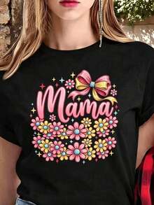 Free Shipping, Local Delivery In Mexico, Delivery In 4 Days. Mama T-Shirt With Pink Bow And Flowers. | Mother's Day T-Shirt | Gift For Mom - 黑色 - 查看 5
