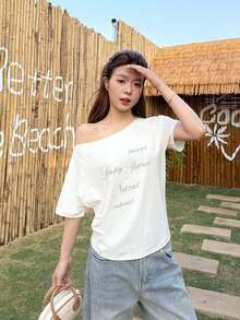 Áo thun nữ phong cách thường ngày tối giản, trễ vai, lãng mạn, mang hơi hướng Y2K, thích hợp cho mùa xuân/hè. - trắng - Xem 4