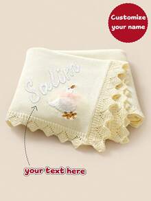 1件可客製化手工刺繡嬰兒針織毯，精緻小鴨刺繡，荷葉邊，舒適簡約設計，適合兒童 - 米白 - 查看 8
